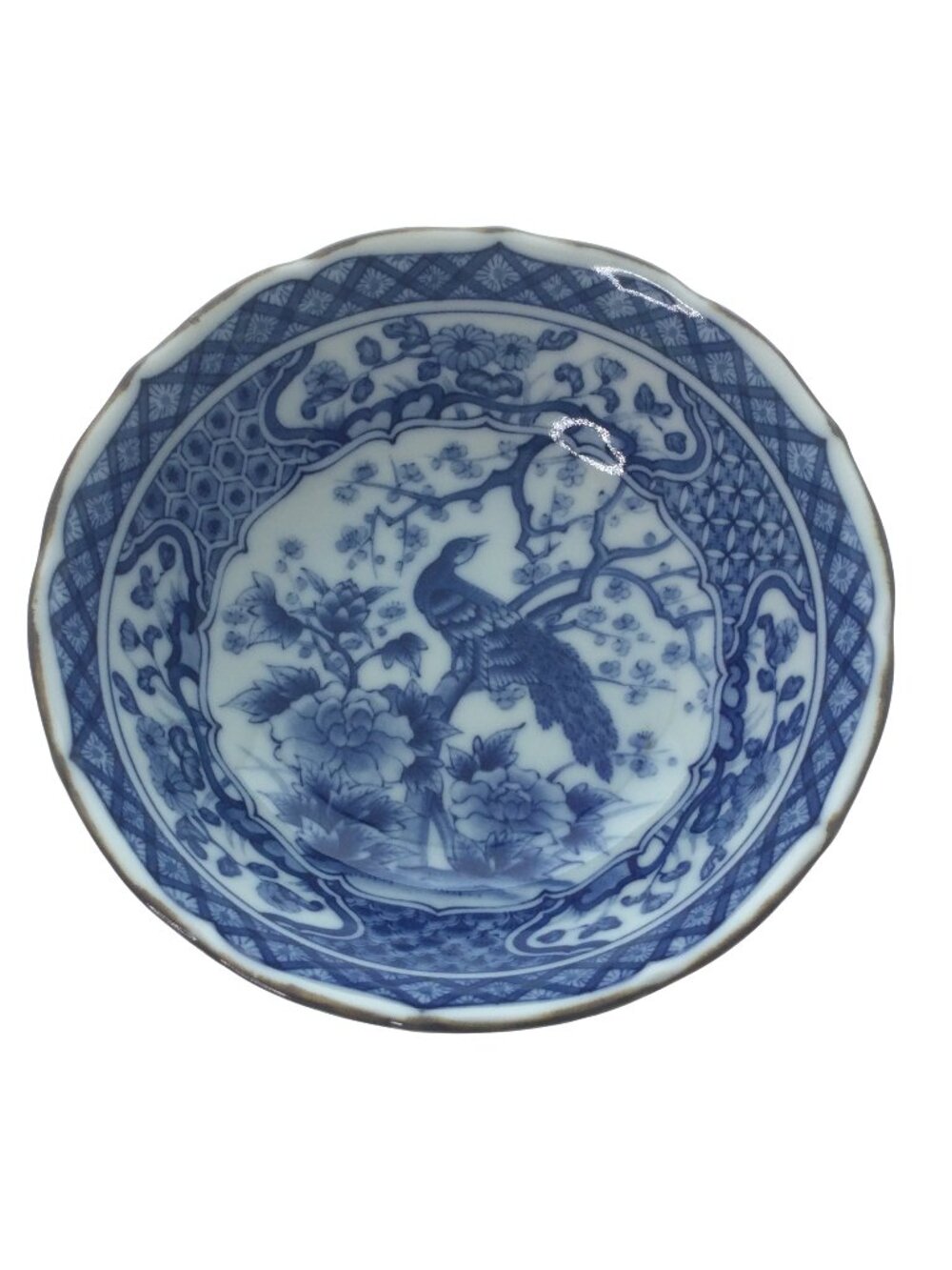 Vintage Toyo Japan Blue Peacock Blue and White Porcelain Bowl 6.125" x 2" Signed